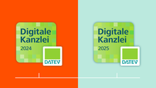 Zeitstrahl mit dem Signet Digitale DATEV-Kanzlei 2024 neben dem Signet Digitale DATEV-Kanzlei 2025.